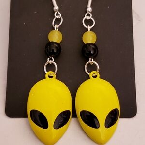 Handmade Beaded Metal Yellow Alien Earrings
